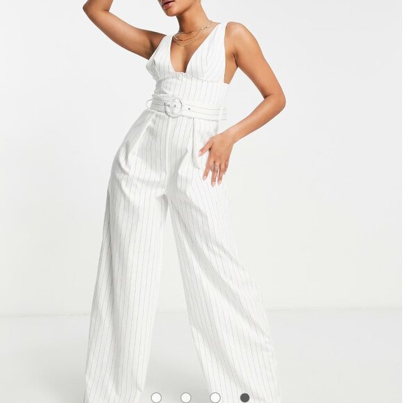ASOS plunge wide leg jumpsuit with belt in pinstripe - Picture 1 of 11